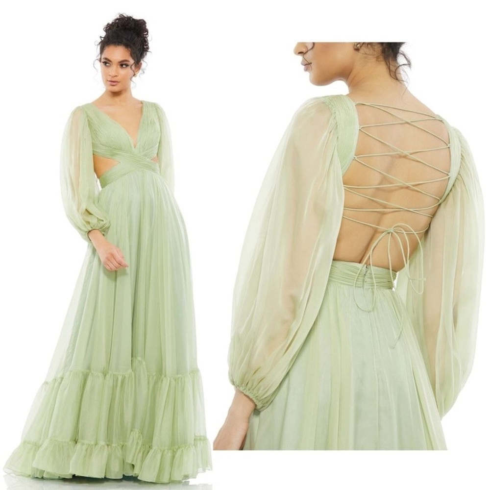 NWT Mac Duggal 67948 Pleated Cut-Out Long Sleeve Gown – Size 2 – Ethereal Sage